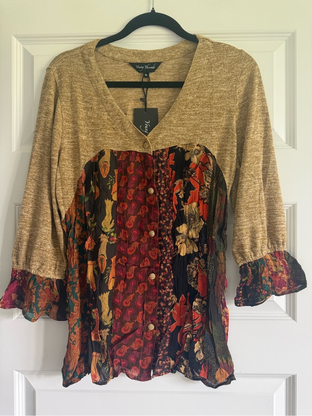 Young Threads NWT Medium Boho Patchwork Mixed Print Sheer Floral Peasant Blouse